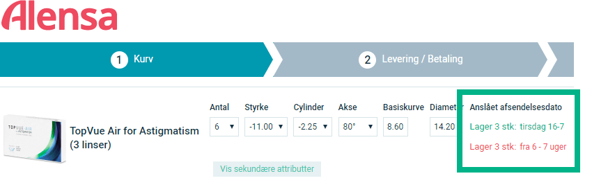 Alensa non-stock products delivery times basket